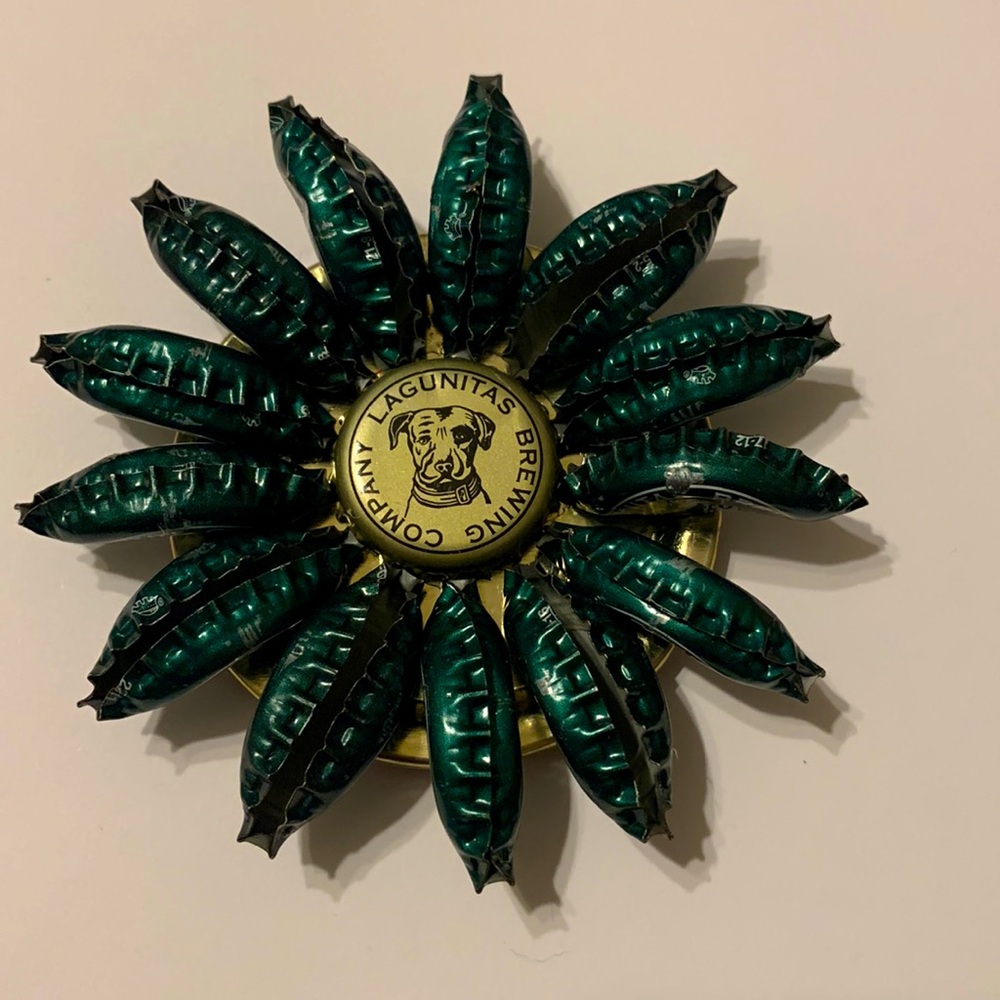 Hand Crafted- green and gold metal art flower magnet